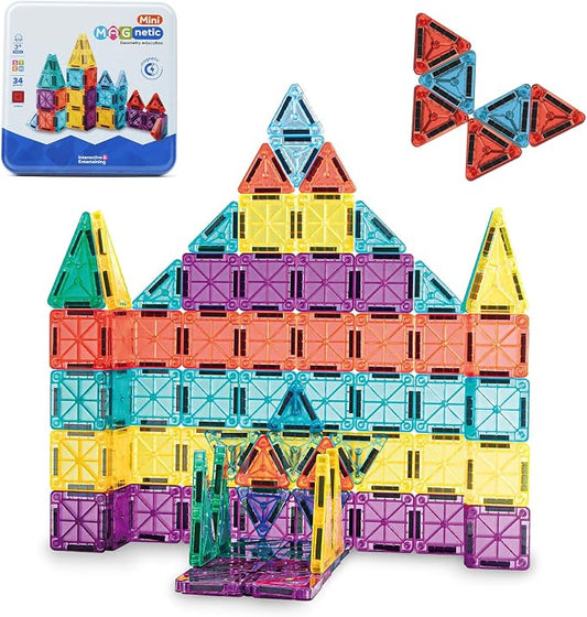 34 PCS Travel Magnetic Tiles with Metal Storage Box, Mini Magnetic Building Tiles,Screen-Free STEM Learning Toy for Kids Ages 3-8 Christmas Birthday Gifts