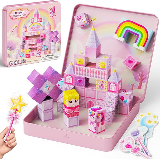 burgkidz Magnetic Blocks Girls Travel: Unicorn Patent Pending Cones & Wands | 48PCS, Ultra-Lightweight 12.5Oz, N32 Magnets 35-45dB Quiet 45s Cleanup - Airplane Car Activities Ages 3-8