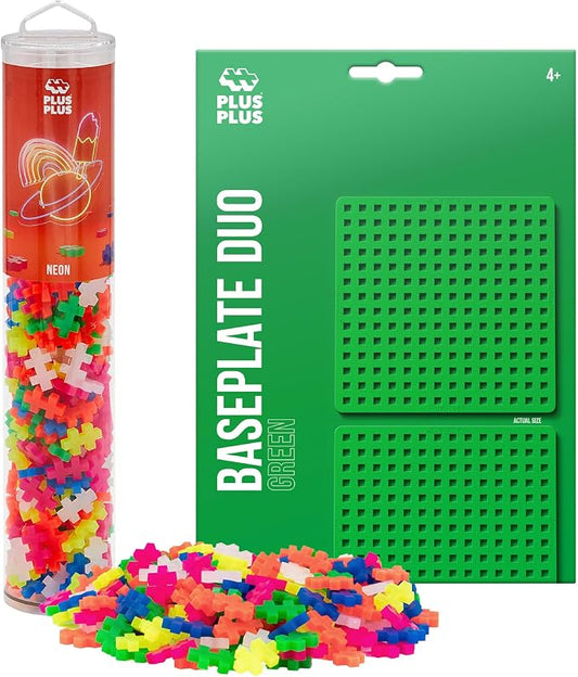 PLUS PLUS 240 Piece Neon Mix Tube & Baseplate - Waffle Blocks Stem Toy | Sensory Bin Fillers, Gifts for Boys & Girls, Classroom Must Haves, Christmas Stocking Stuffers for Kids, Math Manipulatives
