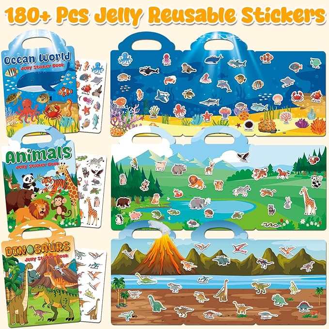 6 Sets Reusable Sticker Books for Toddlers 2-4 Years, Jelly Sticker Book for Kids, Travel Stickers Activity Book Travel Toys for Toddlers