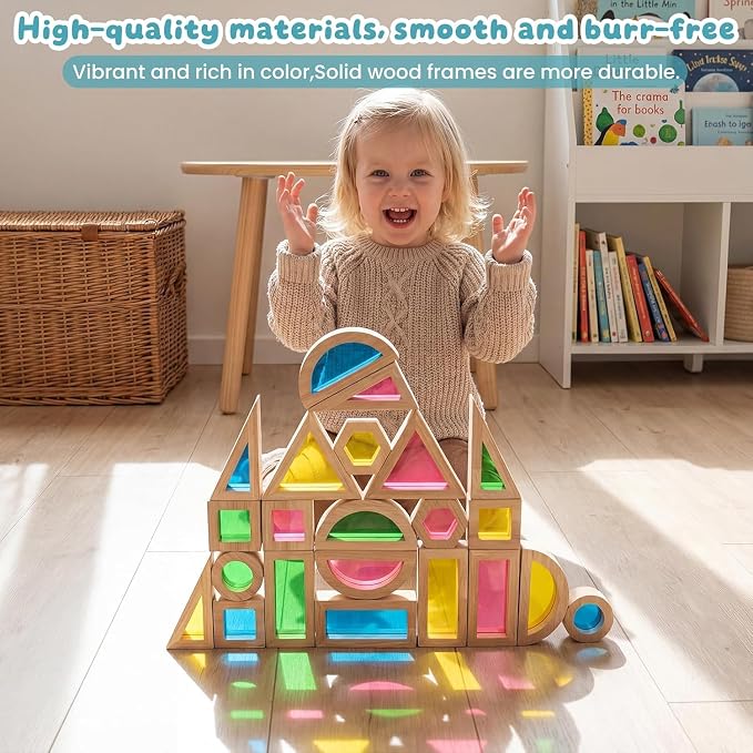 WOODENFUN Wooden Building Blocks Set for Kids, 22 Pcs Rainbow Stacker Game | Stacking Construction Toys Set Preschool Colorful Learning Educational Toys, Geometry Blocks for Boys Girls Birthday Gift