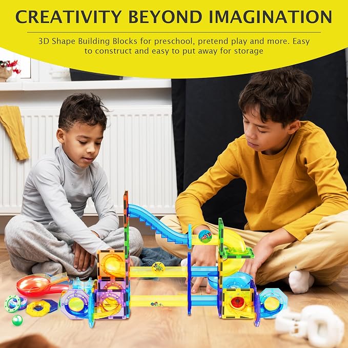 PicassoTiles 62pcs Magnetic Tile Pete the Cat Magnetic Marble Run Toy Set with Race Track Tubes Marbles and Stickers STEM Educational Construction Building Blocks for Kids Boys Girls Ages 3 Up PTG03