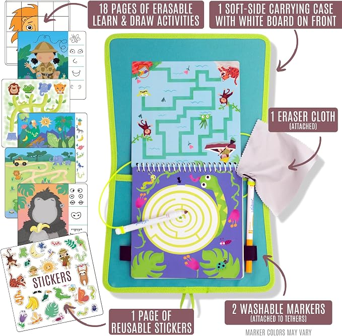 Totebook Kids Travel Activity Kit with Tethered Dry Erase Markers - Mess Free Car & Plane Activities for Toddlers Ages 4-6, Reusable Stickers, Mazes, Search and Find (Jungle Theme)