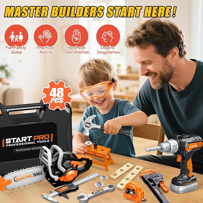 Toddler Tool Set, Kids Tool Box with Toy Chainsaw, Kids Toys for Boys 3-5 | 48 Pcs Construction Tools Kit with Electronic Toy Drill, Christmas Birthday Gifts for Boys Girls Ages 3 4 5 6 7 8, Orange