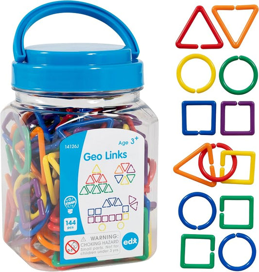edxeducation Geo Links, Mini Jar, Set of 144, Linking Shapes, 6 Colors | Practice Shape Recognition, Counting, Sorting and More