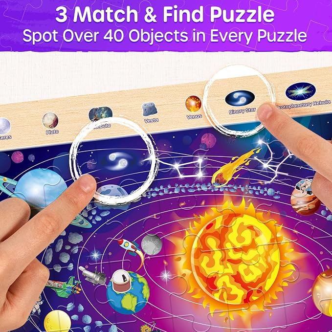 SYNARRY Large USA World Solar System Wooden Puzzles for Kids Ages 4-6 | 60 Piece Match & Find Puzzles for Kids Ages 3-5, Puzzles for Kids Ages 6-8, Birthday Gifts, Educational Geography & STEM Toys