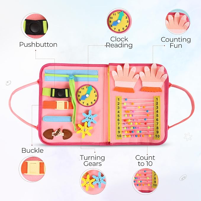 Montessori Busy Book for Toddlers, Pink Busy Board Book. Ages 3+ | Toddler Activity Books for Home, Airplane and Car Travel. Soft Felt No Loose Pieces. Toddler Busy Books With Detachable Pages