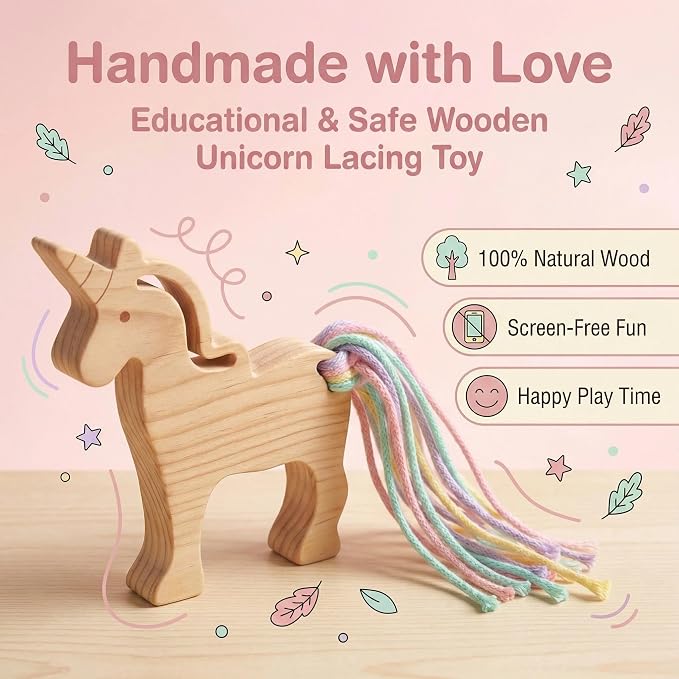 Eray Montessori Wooden Unicorn Lacing Toy for Kids – Safe Non-Toxic DIY Threading Activity with Colorful Cotton Yarn, Fine Motor Skills & Creative Play for Toddlers and Preschoolers