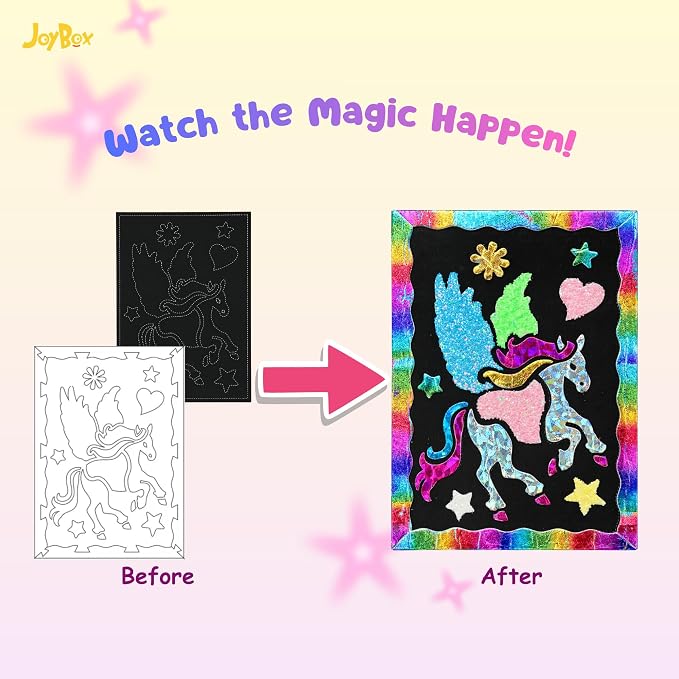 JoyBox Foil Fun–DIYKids Paper Foil Art Craft Kit for&Travel Screen-Free Fun | Birthday Party Gifts for Ages 4-9 and Up,Art Travel Toys for Boys Girlsmagical unicorn‑themedincludes glow‑in‑the‑dark