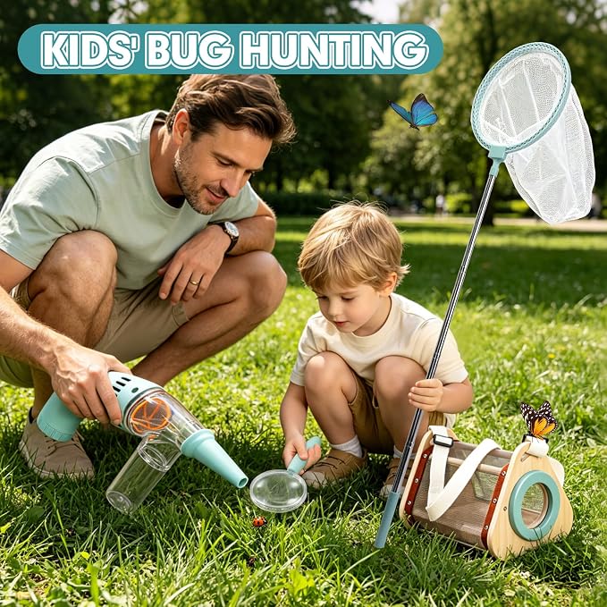 Kids Bug Catcher Kit, 11-Piece Outdoor Explorer Set with Bug Vacuum, Wooden Insect House, Butterfly Net, Ages 4-8