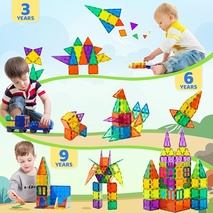 Bmag 130PCS Magnetic Tiles Building Blocks with 2 Cars | 3D Clear Magnet Blocks | STEM Preschool Toys for 3-9+ Kids | Christmas & Toddler Gift | Compatible with Major Brands