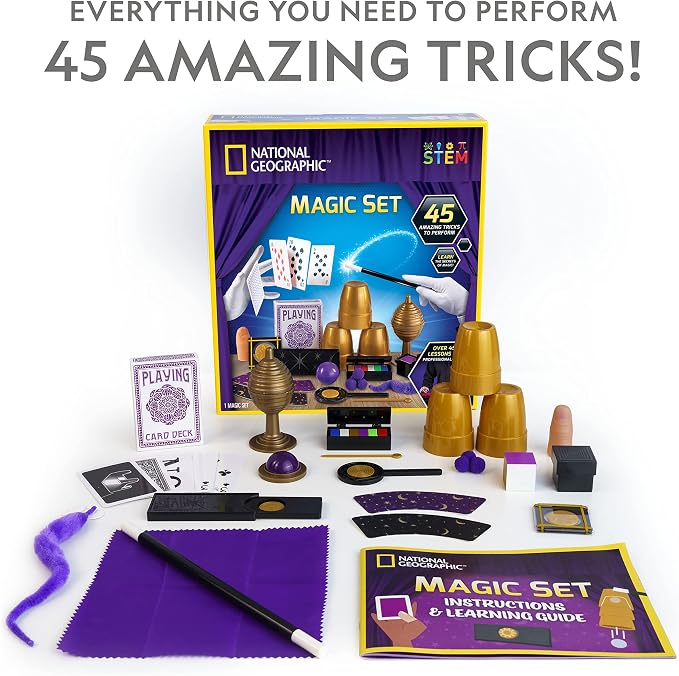 National Geographic Kids Magic Kit with 45 Tricks for Kids Ages 8-12 | Perform Classic Illusions, Performance Props, STEM Learning, Video Instructions from a Professional Magician, Birthday Gift