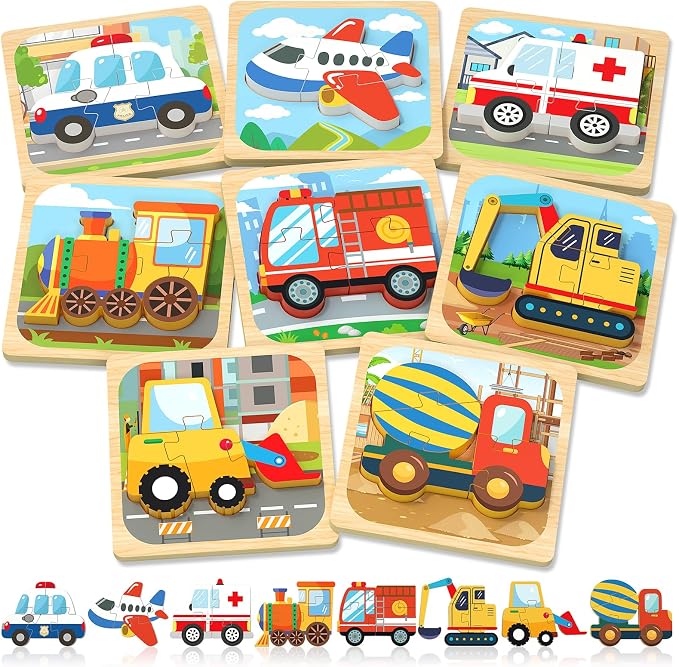 Benresive Wooden Toddler Puzzles, Toddler Toys, 1 2 Year Old Boy Girl Gift | 8 Pack Vehicle Montessori Toys for 1 2 Year Old, Preschool Educational Learning Toy, Great Birthday Gifts for Boys Girls