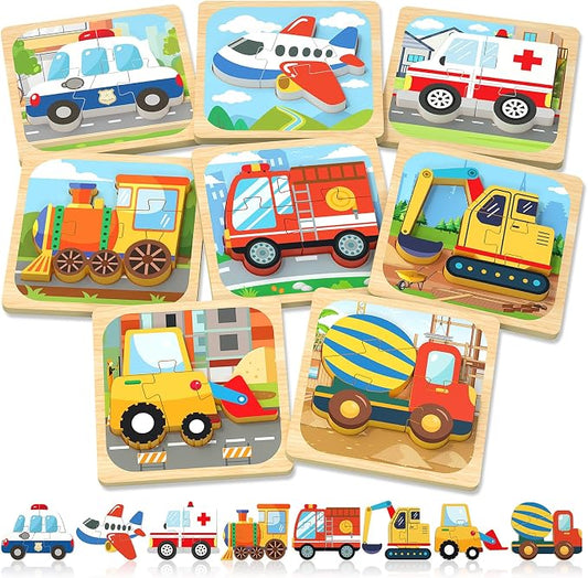 Benresive Wooden Toddler Puzzles, Toddler Toys, 1 2 Year Old Boy Girl Gift | 8 Pack Vehicle Montessori Toys for 1 2 Year Old, Preschool Educational Learning Toy, Great Birthday Gifts for Boys Girls