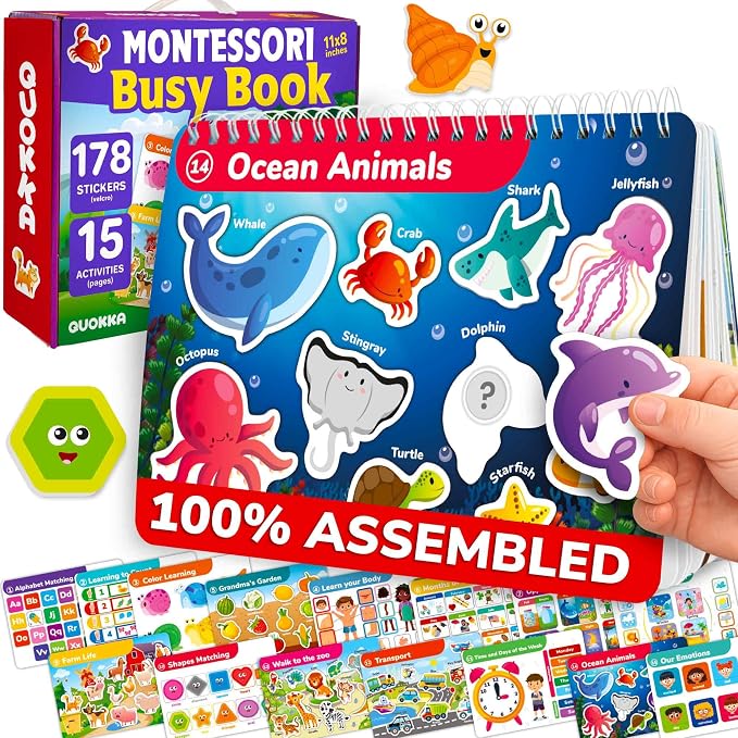Montessori Busy Book for Toddlers 3-5 — Learning Toys for Kids 1-3 and 2-4 | Velcro Busy Book with Preschool Learning Activities for 1 year old — 15 Themes with 178 Elements — Homeschool Educational Toy