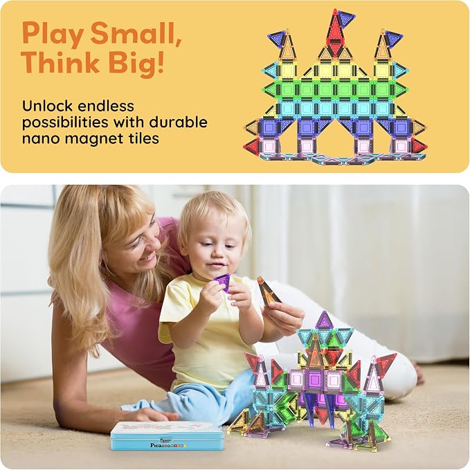 PicassoTiles Nano Magnetic Tiles Travel Set with Storage Tin, Kids Ages 3+ | 39 colorful triangles, 11 squares, lid doubles as a play board, STEM learning, portable screen-free fun, expandable builds