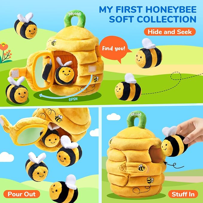 JoyCat Baby Toys 6-12 Months, Beehive Toy with 5 Sensory Bees, Baby Gift | Soft beehive with 5 bees for rattle, crinkle, mirror play and little-hand fill-and-dump fun