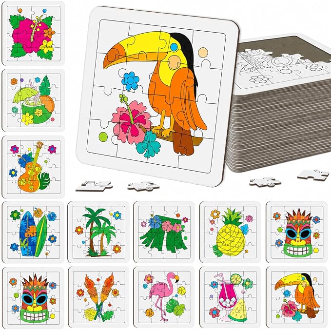 Cinrobiye 24 Pcs Hawaiian Luau Coloring Puzzle Craft Kit for Kids, DIY Aloha Tropical Jigsaw Puzzles Bulk with 12 Designs, Summer Beach Party Favors, Classroom Crafts, Birthday Rewards