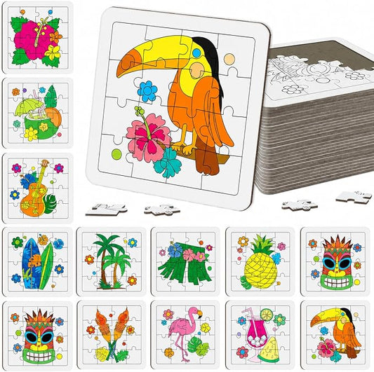 Cinrobiye 24 Pcs Hawaiian Luau Coloring Puzzle Craft Kit for Kids, DIY Aloha Tropical Jigsaw Puzzles Bulk with 12 Designs, Summer Beach Party Favors, Classroom Crafts, Birthday Rewards