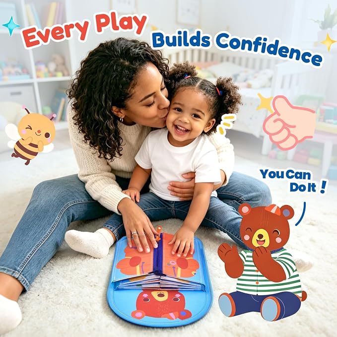 JoyCat Dressing Busy Book for Toddlers 2-4,Montessori Travel Toys | Seven real dressing activities provide buckle, zipper, button and tying practice in a portable travel busy book