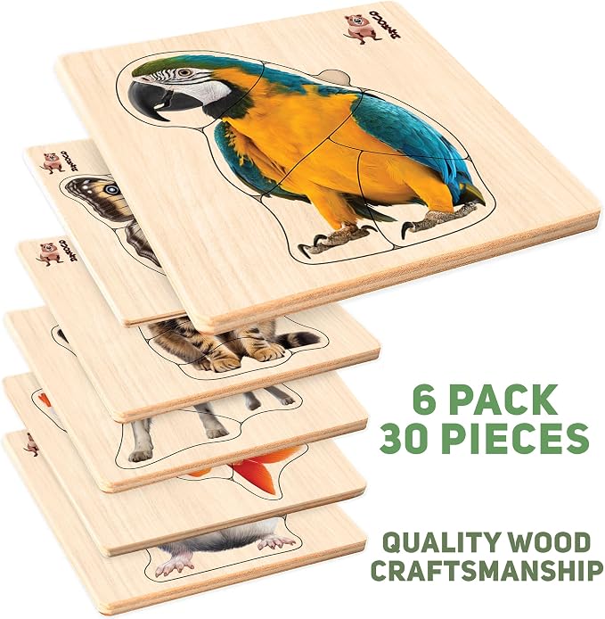 Wooden Puzzles for Toddlers 1-3 - 6 Montessori Kids Puzzles Ages 2-4 | Realistic Toddler Puzzles 15x15 Inches — Birds, Animals, Fish and Butterfly — Educational Motor Skills Toys