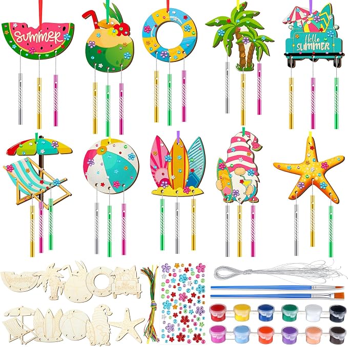 JellyArch 30 Pack Summer Beach Wind Chime Crafts Kit for Kids Activities | 10 Watermelon Coconut Starfish Designs with Paints, DIY Wooden Ornaments, Boys Girls Ages 4-8 Outdoor Party Favors