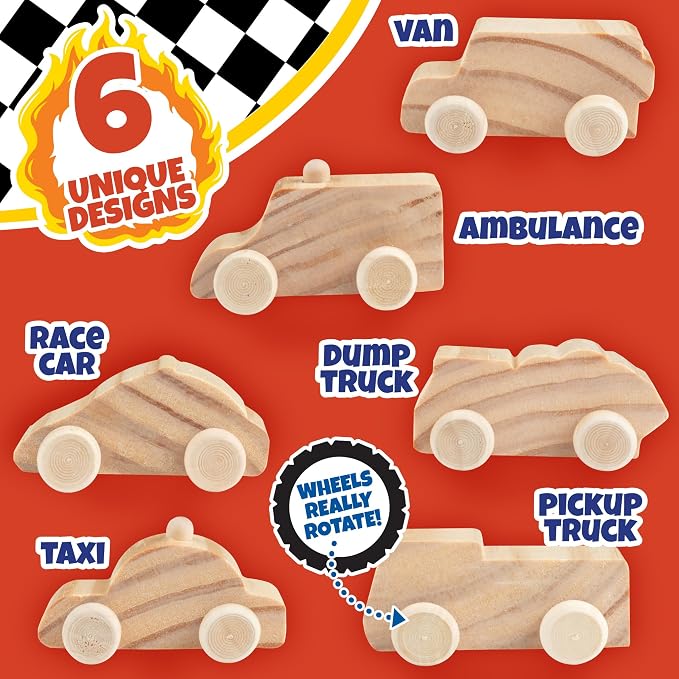 Kids Paint Your Own Wooden Car Craft Kits (12 Pack) – DIY Wood Painting Art Kits, Individually Wrapped w Paint, Brush & Bonus Decal Stickers – Party Favors, Classroom Crafts, Bulk Kids Activities
