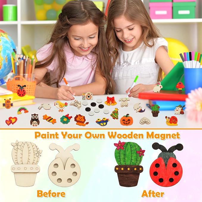 48 Pcs DIY Wooden Magnets, Wooden Art Craft Supplies Painting Kit for Kids | Ages 4-8 8-12 Glow in The Dark Party Favors Goodie Bag Stuffers Birthday Gifts Toys for Boys Girls