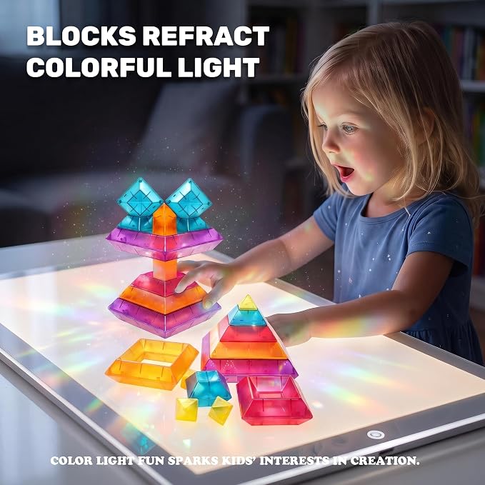 32-Piece Building Blocks, Sensory Pyramid Stacking Toys for Kids Ages 3+ | STEM & Montessori Preschool Toys, Light Table Compatible Building Set - Ideal Gift for Boys & Girls Ages 3 4 5 6