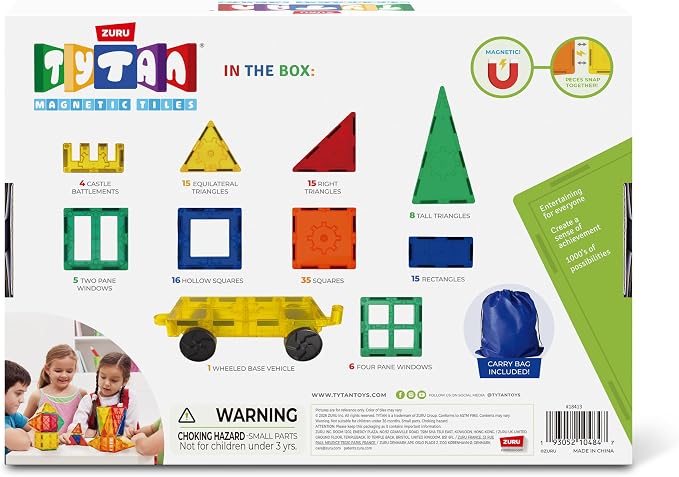 Tytan Magnetic Tiles 120-Piece Building Set by ZURU | STEM, Montessori & sensory play; strong snap-fit magnets; build 2D & 3D shapes; develops motor skills; STEM gift for kids