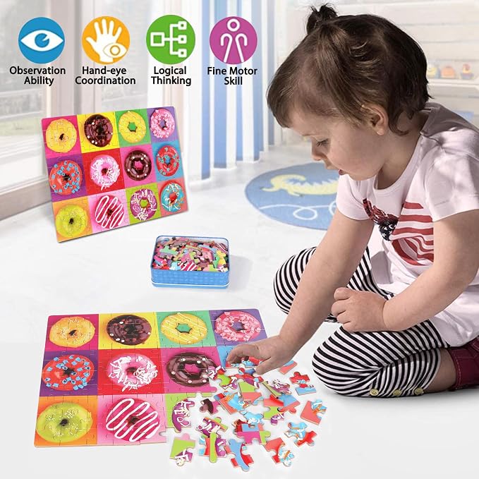 LELEMON Puzzles for Kids Ages 4-6,100 Piece Puzzles for Kids in Metal Box | Donut Puzzle Educational Kids Puzzles Jigsaw Puzzles for Kids Ages 6-8,100 Piece Puzzle Games Toys for Girls and Boys