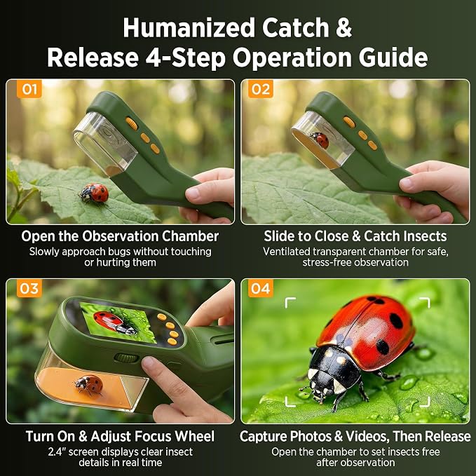 Kids Bug Catcher Microscope STEM Exploration Toy for Ages 3+ | 2.4" IPS screen, 500X Magnification, 8 LED lights, photo and video record, bug catching kit for kids 3‑12 outdoor STEM toy