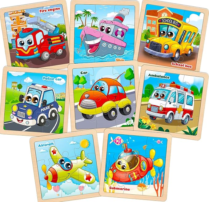 Wooden Vehicle Puzzles for Toddlers, 8 Pack 9 PCS Jigsaw Puzzles for Kids | Wooden Puzzles for Toddlers 3-5, Vehicle Puzzles for Kids 3-5, Preschool Puzzles Learning Educational Sets Toys
