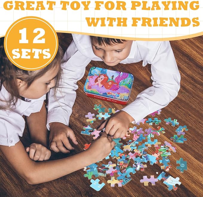 Silipull 12 Boxes Party Favors Jigsaw Puzzles in a Metal Box for Age of 4-8, Wooden Puzzle for Ages 4-8 Learning Educational Jigsaw Pieces Toys, 12 Styles(Lovely)(Novel)