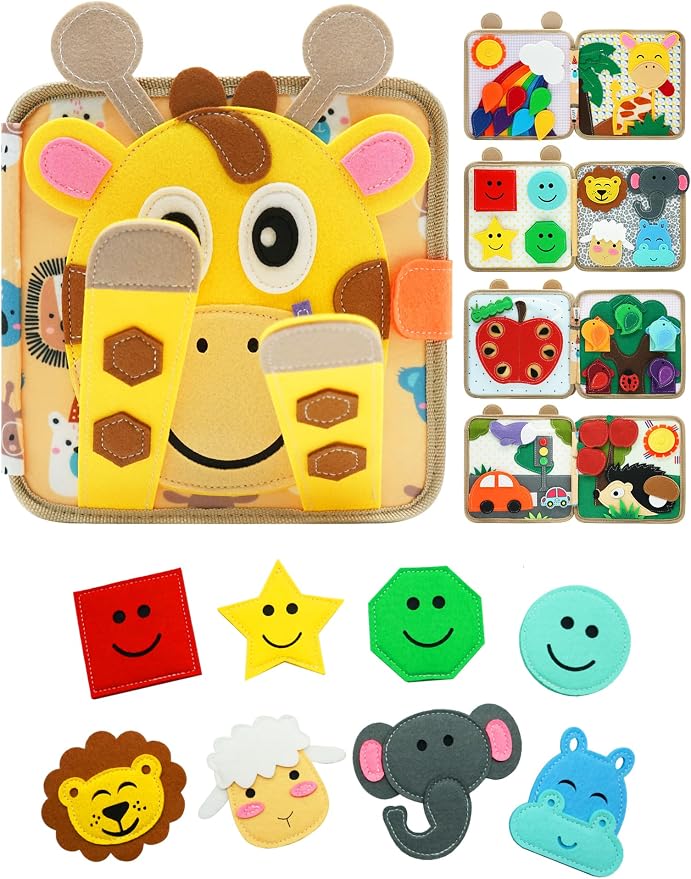 BizyKoady Busy Book for Toddlers 1-3, Montessori Toys for 1 Year Old, Kids Travel Toys, Educational Activity Book, Birthday Gifts for Boys & Girls, Washable Felt Busy Board, Giraffe