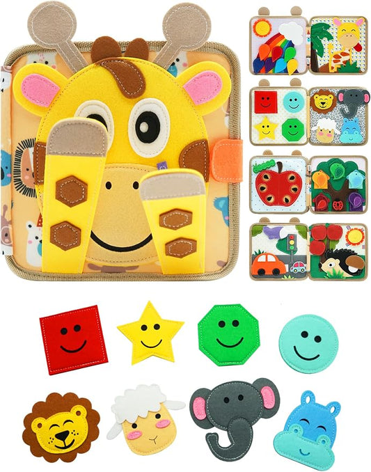 BizyKoady Busy Book for Toddlers 1-3, Montessori Toys for 1 Year Old, Kids Travel Toys, Educational Activity Book, Birthday Gifts for Boys & Girls, Washable Felt Busy Board, Giraffe