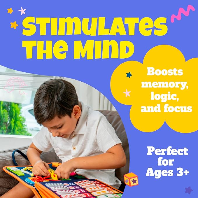 Ibenji Montessori Busy Book for Kids Ages 3+ Sensory Learning Toy with Zippers, Buckles, Letters, Numbers & Puzzles – Travel Quiet Book for Airplane & Car