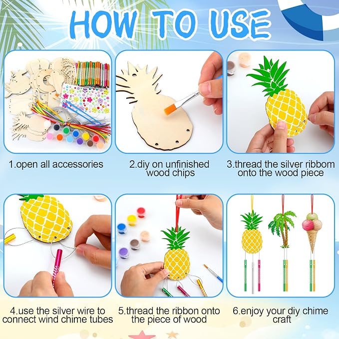 30 Pack Summer Crafts for Kids DIY Wind Chime Kit Wood Paint | Beach Shapes Pineapple Flamingo Ice Cream Watermelon, Paint Brushes Stickers Included, Classroom Birthday Party Activities