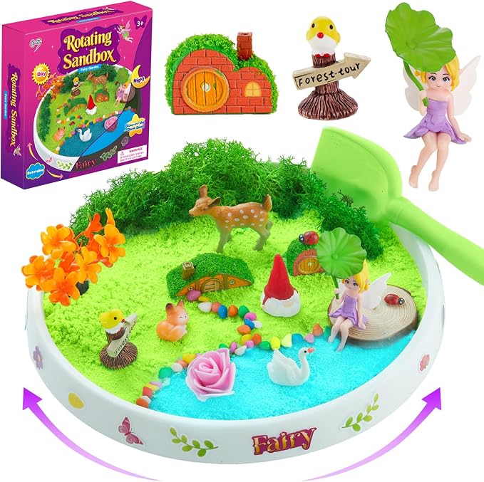 Carolart Spinning Fairy Garden Sensory Bin with Glow Sand Kit | Glow-in-the-Dark Sensory Sand, fairy toys, gifts for girls, rotating sand kit with sensory play for ages 3-8