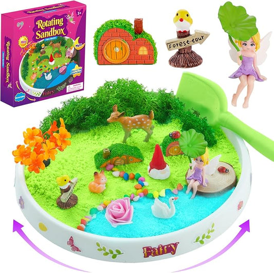 Carolart Spinning Fairy Garden Sensory Bin with Glow Sand Kit | Glow-in-the-Dark Sensory Sand, fairy toys, gifts for girls, rotating sand kit with sensory play for ages 3-8
