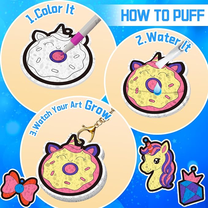 SOOVSY Magic Puffs 3D Art Kit for Kids, Water Activated Puffy Art Craft Kit with Princess Unicorn Designs, DIY Color & Inflate Activity, Screen-Free Travel & Rainy Day Toy for Girls Boys Ages 4-8