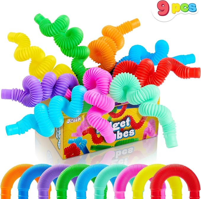 JOYIN 9 Pack Pop Tubes, Sensory Toys (Large) Fidget Toys Party Favors - 9 Colors, Creativity Learning & Fun for Kids - Perfect for Party, Goodie Bags Stuffers, Classroom School Reward
