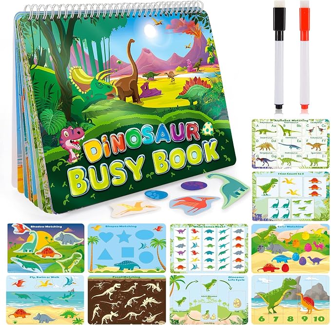MDINGTD Dinosaur Toys for Kids 3-5, My Preschool Busy Book Montessori Toys for 3 4 5 6 7 Year Old Boys Girls Preschool Learning Homeschool Activities Birthday Gifts for Kids Ages 2-4 5-7
