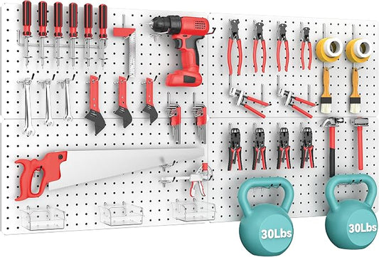 Peg Board, 84pcs Metal Pegboard Kit, Includes 4 Pack 24''X12'' Large White Peg Board with Accessories and Hook Locks, Heavy Duty Peg Boards for Walls Home, Garage Tool Storage, Workbench