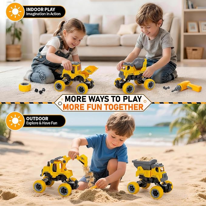 Take Apart Construction Truck Toys for Boys Age 3-8, 4 PCS STEM Building Toys with Electric Drill, Excavator Bulldozer Cement Mixer Dump Truck, Pull Back Cars Birthday Gifts for 3 4 5 6 Year Old Kids