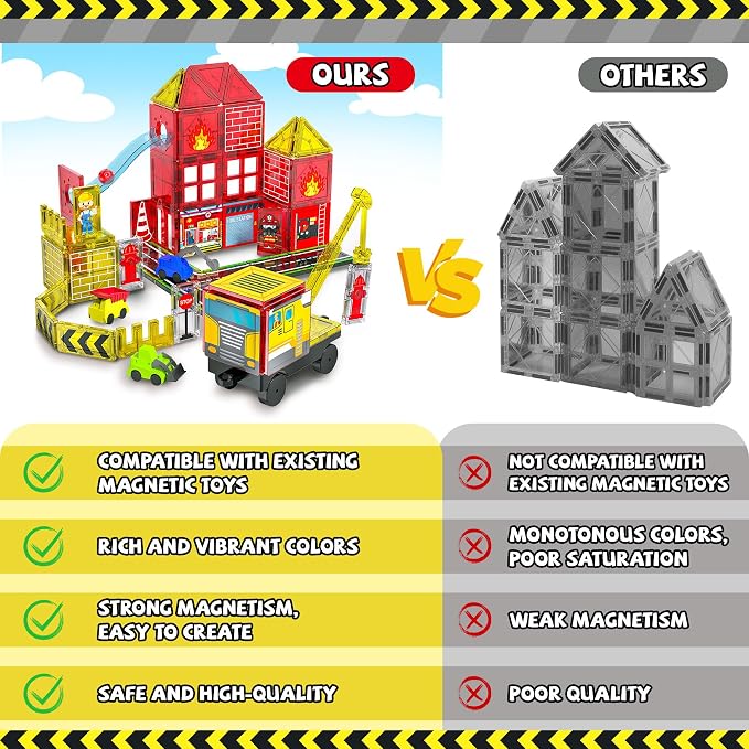 Magnetic Tiles Fire Truck Set,Magnet Blocks for Kids Ages 4-8 Boy STEM Toys | City Fire Rescue Station,Firefighter Pretend Play, Crane, Road,Car,Construction Building Toys for 4-8 Year Old Birthday Gifts