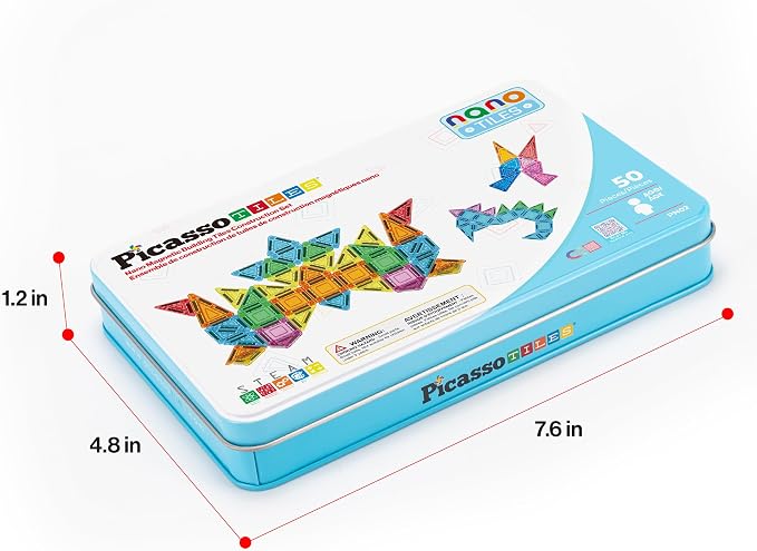 PicassoTiles Nano Magnetic Tiles Travel Set with Storage Tin, Kids Ages 3+ | 39 colorful triangles, 11 squares, lid doubles as a play board, STEM learning, portable screen-free fun, expandable builds
