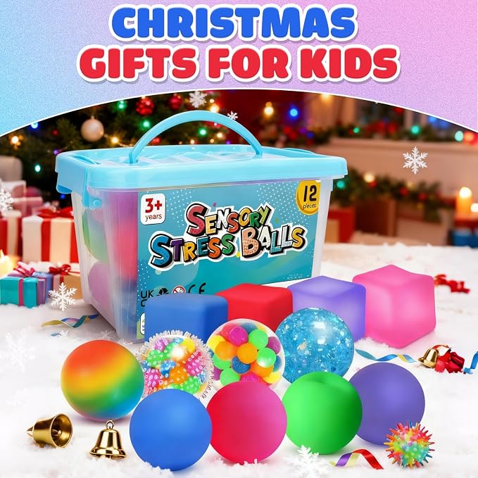 Fidget Sensory Toys Stress Balls: 12 Pack Squishy Stress Balls for Kids | Hand Therapy Sensory Ball with Nervousness Pressure Relief - Squeeze Stress Toys Bulk - Classroom Prize Gift for Student