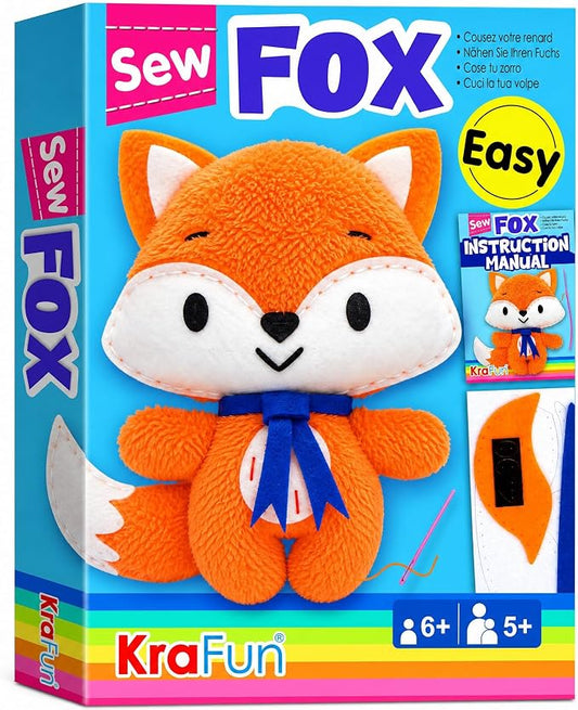 KRAFUN Fox Sewing Kit for Kids Ages 8-12 - No Scissors No Glue | Pre-cut & pre-punched felt. Child-safe needle included. Sew your own plush fox. Beginner craft gift for girls & boys