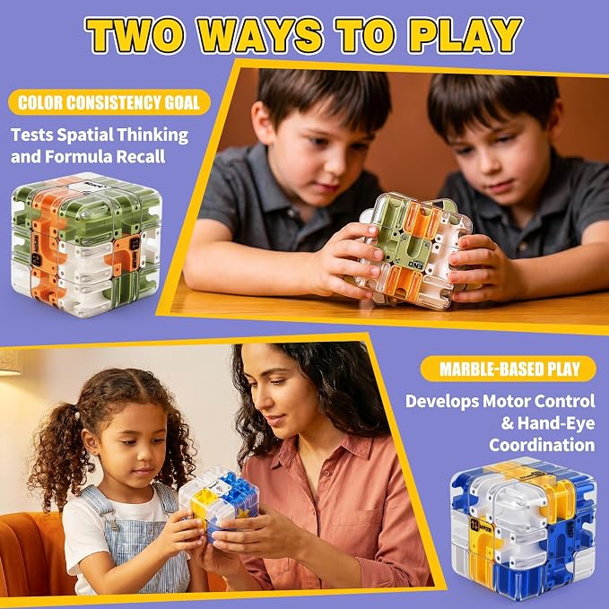 3D Maze Cube Ball Puzzle Brain Teaser for Adults & Kids, Educational Learning Toys Logical Thinking, Family Board Games Tabletop, Durable Puzzle Cube (White&Blue&Yellow, 2.7x2.7x2.7)